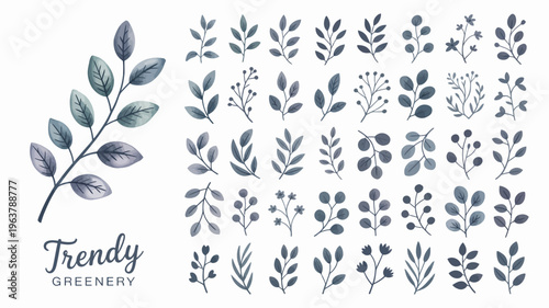 A collection of watercolor leaves and botanical elements are arranged in a repeating pattern showcasing a trendy natural aesthetic high quality professional detailed modern elegant stylish