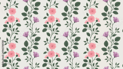 A seamless floral pattern features alternating vertical rows of pink and purple blossoms with lush green foliage on a cream backdrop high quality professional detailed modern