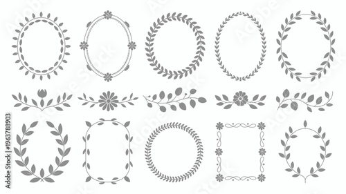 A collection of delicate grayscale floral and leaf wreaths and frames are displayed offering versatile decorative elements for designs high quality professional detailed modern elegant stylish