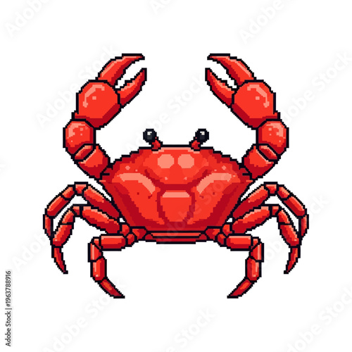 Vibrant pixel art illustration of a red crab with prominent claws, rendered in a retro gaming style against a clean white background