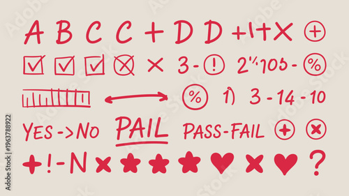 A collection of hand drawn red symbols letters numbers and doodles are scattered across a beige background high quality professional detailed modern elegant stylish clean crisp