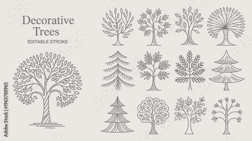 A collection of decorative trees in a linear style featuring editable stroke designs for various artistic and design applications high quality professional detailed modern elegant stylish