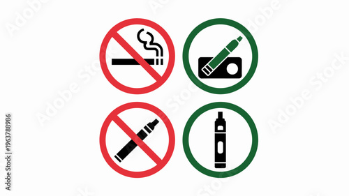This image displays four circular icons two prohibit smoking and vaping while two permit e cigarette and vape use high quality professional detailed modern elegant stylish