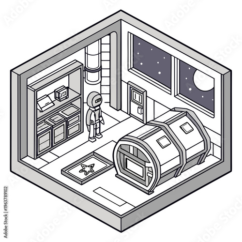 Isometric space station interior vector. Sci-fi futuristic research laboratory. Science technology base concept. Future spaceship colony module. 3d architectural room. Galaxy platform