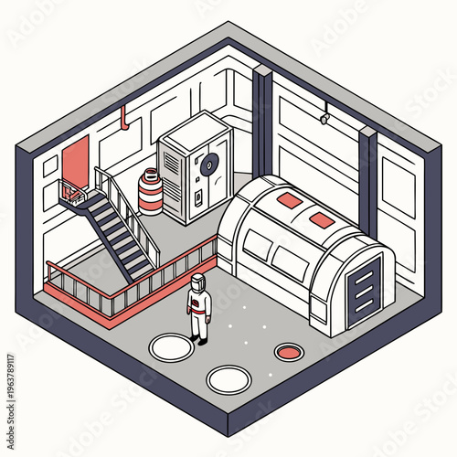 Isometric space station interior vector. Sci-fi futuristic research laboratory. Science technology base concept. Future spaceship colony module. 3d architectural room. Galaxy platform