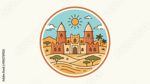 Stylized African Architecture in a Circular Badge