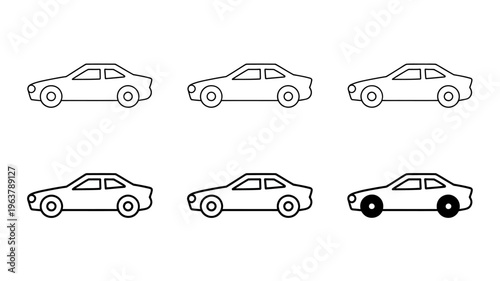 A minimalistic black and white illustration depicts six different views of a classic sedan style automobile high quality professional detailed modern elegant stylish clean crisp vibrant