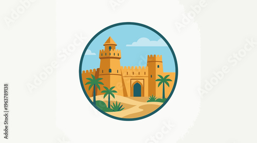 Cartoon Style Desert Castle Scene in a Circle