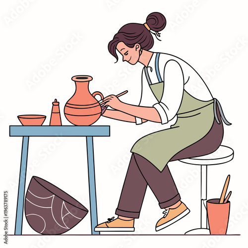 Professional ceramist works in studio. Woman sculpts clay on pottery wheel, crockery process, creativity and hobbies, girl making handmade ceramic, tidy vector cartoon isolated concept