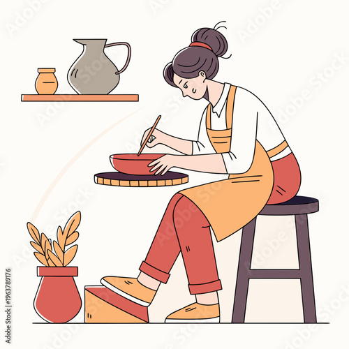 Professional ceramist works in studio. Woman sculpts clay on pottery wheel, crockery process, creativity and hobbies, girl making handmade ceramic, tidy vector cartoon isolated concept