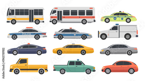 A colorful illustration depicts various types of vehicles including buses police cars taxis vans and trucks in a flat design high quality professional detailed modern elegant