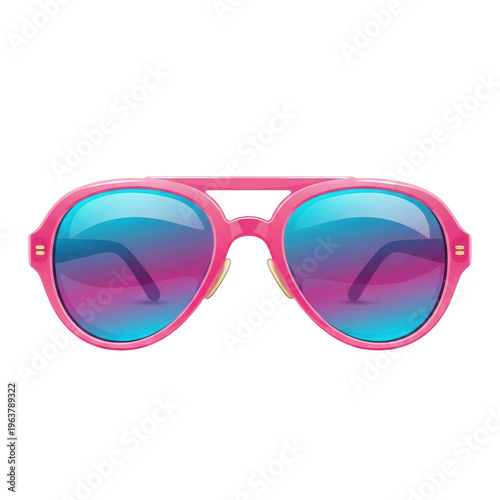 oversized 80s pink acetate aviator sunglasses with circular cyan-magenta gradient reflective lenses and subtle gold accents, floating on high-key white studio background. concept of playful summer