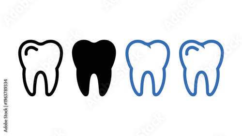Four tooth icons are displayed varying in color and fill black outline solid black blue outline and blue fill high quality professional detailed modern elegant stylish