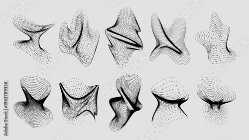 An abstract composition of nine black flowing forms resembling organic shapes or liquid structures against a light grey background high quality professional detailed modern elegant stylish