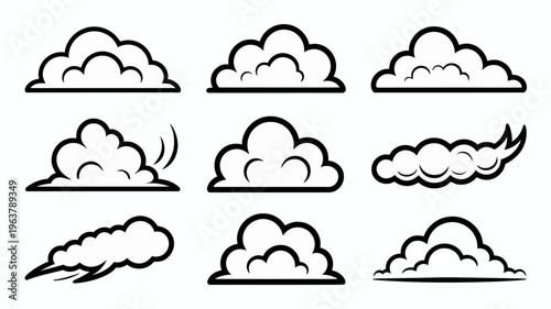 A collection of nine black and white cartoon clouds in various shapes and sizes representing weather and atmospheric conditions high quality professional detailed modern elegant stylish