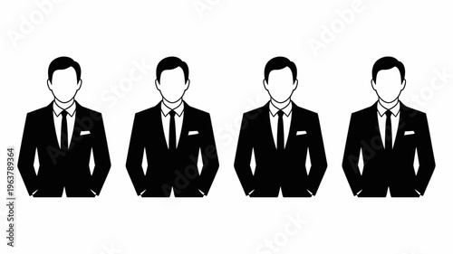 A monochrome illustration depicts four faceless men in suits positioned in a row suggesting a business or corporate theme high quality professional detailed modern elegant stylish