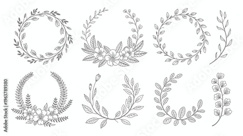 A collection of delicate hand drawn floral and leafy wreaths in black and white showcasing varied designs and botanical arrangements high quality professional detailed modern elegant