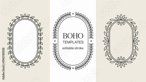 Three decorative frames in black line art style are presented featuring floral and leaf patterns with one frame containing boho templates high quality professional detailed modern