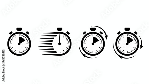 A series of black stopwatch icons depict the concept of time speed and deadlines showing progression and urgency high quality professional detailed modern elegant stylish clean