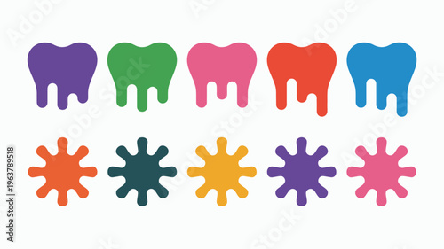 A colorful arrangement displays stylized teeth shapes and organic blot like forms all set against a plain white background high quality professional detailed modern elegant stylish