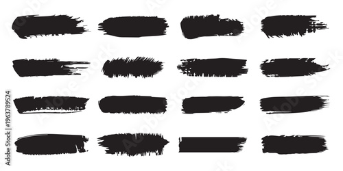 Black grunge brush stroke set. Redacted text censorship bars and rough ink line dividers. Vector paint strikethrough pack.