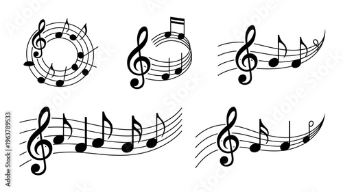 A collection of black musical symbols and notes swirling around treble clefs creating a decorative and rhythmic composition high quality professional detailed modern elegant stylish clean
