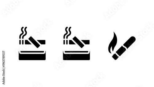 A set of three black silhouette icons depicting cigarettes one in an ashtray one angled and one burning with flames high quality professional detailed modern elegant
