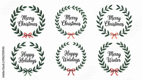 Six circular wreaths display festive greetings including merry christmas and happy holidays with red bows and green foliage high quality professional detailed modern elegant stylish clean