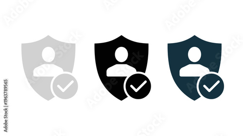 This image displays three shield icons with a profile silhouette and checkmark rendered in varying shades of color high quality professional detailed modern elegant stylish clean