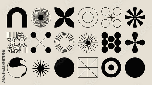 A collection of abstract black geometric shapes and line patterns are arranged on a light beige background high quality professional detailed modern elegant stylish clean crisp