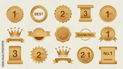 A collection of golden award ribbons badges and scrolls visually represent various rankings and achievements including first second and third place high quality professional detailed modern