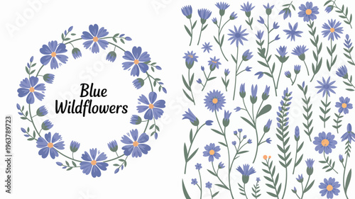 A digital illustration showcases a circular wreath and scattered stems of delicate blue wildflowers with slender green foliage high quality professional detailed modern elegant stylish clean
