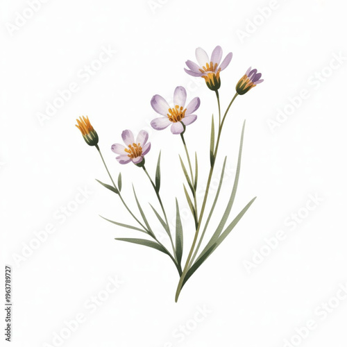 Delicate light purple wildflowers with yellow centers on slender green stems and thin leaves Vector, illustration