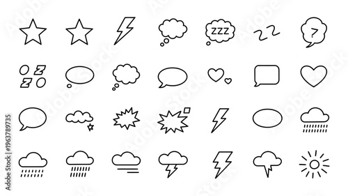 A collection of simple black and white line icons depicting various symbols like stars speech bubbles weather and dream imagery high quality professional detailed modern elegant