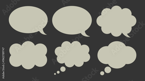 A collection of grey speech and thought bubbles are displayed against a dark grey background offering versatile graphic elements high quality professional detailed modern elegant stylish