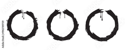 Grunge circle brush frame set. Black ink ring vector elements.