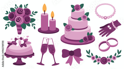 A collection of wedding elements in shades of purple including a cake flowers jewelry and celebratory glasses high quality professional detailed modern elegant stylish clean crisp