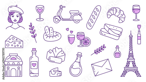 A collection of stylized purple line art illustrations representing iconic french elements including food landmarks and cultural symbols high quality professional detailed modern elegant stylish clean