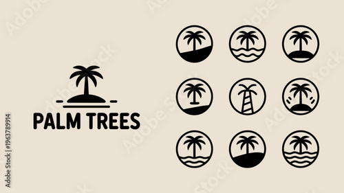 A collection of minimalist black and white circular icons depicting various tropical island scenes with palm trees and beaches high quality professional detailed modern elegant stylish