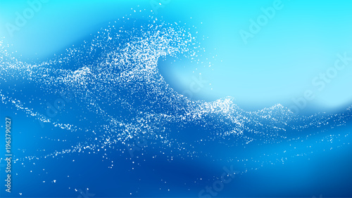 Ocean wave created with white stipple dots on a blue background. Abstract sea surf illustration. Digital particle dispersion effect representing fluid motion and aquatic energy.