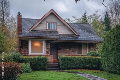 brick suburban cottage with gabled roof and chimney, trimmed hedges, wet green lawn, warm glowing window and quiet cozy mood under an overcast sky