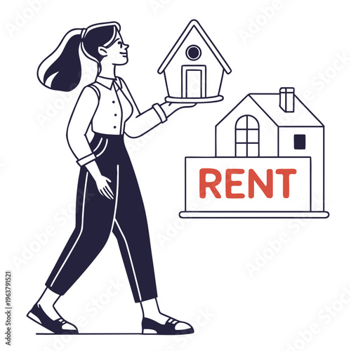 Confident woman holding a house icon in her hand with a RENT sign beside her, flat graphic style, white background. Concept of real estate and property rental. Vector .