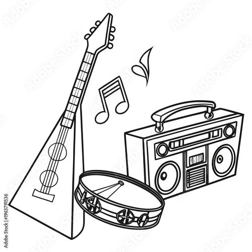 Jazz-themed image with a balalaika, tambourine, and boombox in black and white graphic style on a white background. Concept of music and rhythm. Vector .