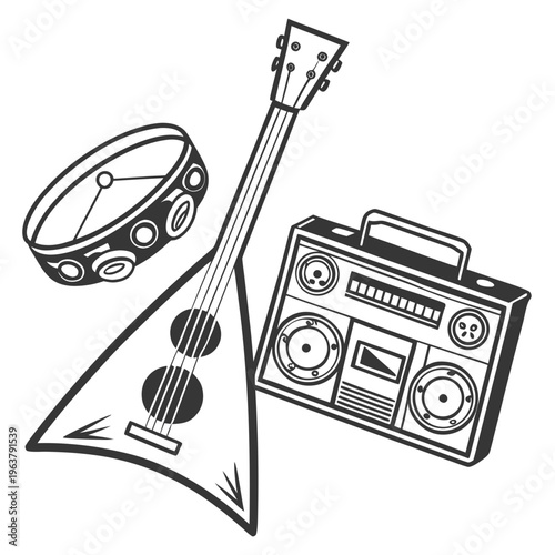 Jazz-themed image with a balalaika, tambourine, and boombox in black and white graphic style on a white background. Concept of music and rhythm. Vector .