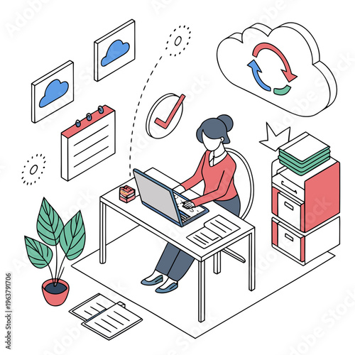 Woman working on laptop at office desk, surrounded by cloud computing icons, documents and plants, in flat style on white background. Concept of cloud .
