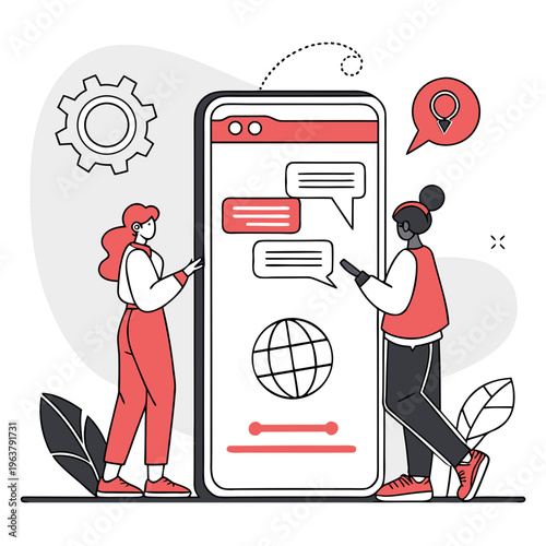 Two people standing beside a large smartphone screen with chat bubbles, globe, and internet icons, in flat graphic style on abstract background. Concept of digital communication. Vector .