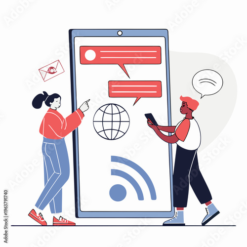 Two people standing beside a large smartphone screen with chat bubbles, globe, and internet icons, in flat graphic style on abstract background. Concept of digital communication. Vector .