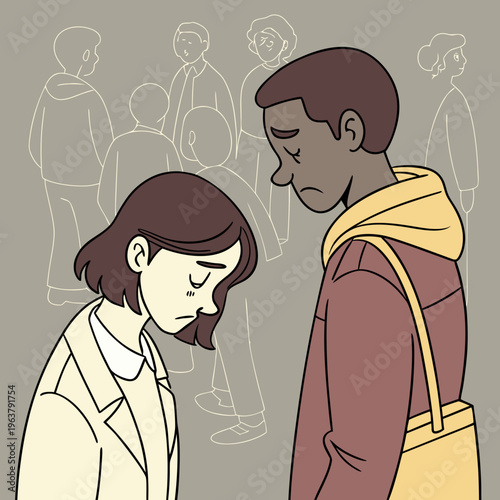 Lonely people set. Sad or upset man and woman feel lonely in crowd. Characters with psychological problems suffer from lack of friends and communication. Cartoon flat vector illustration .