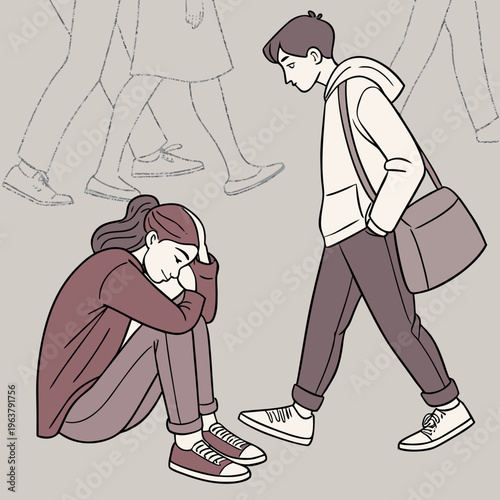 Lonely people set. Sad or upset man and woman feel lonely in crowd. Characters with psychological problems suffer from lack of friends and communication. Cartoon flat vector illustration .