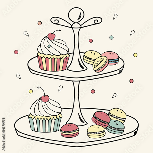 A dessert stand holding cupcakes and macarons drawn in a hand-drawn sketch style on a plain light background. Concept of bakery, sweets, and celebration. Vector .